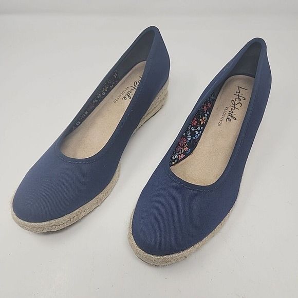 Life Stride Karma Espadrille Wedges Canvas Shoes Slip On Blue Size 10.5/11 - Picture 1 of 14